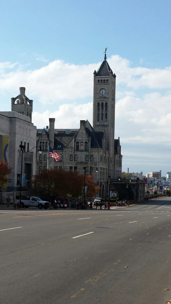 Veteran's Day parade about to start - Union Station Hotel Nashville in the background