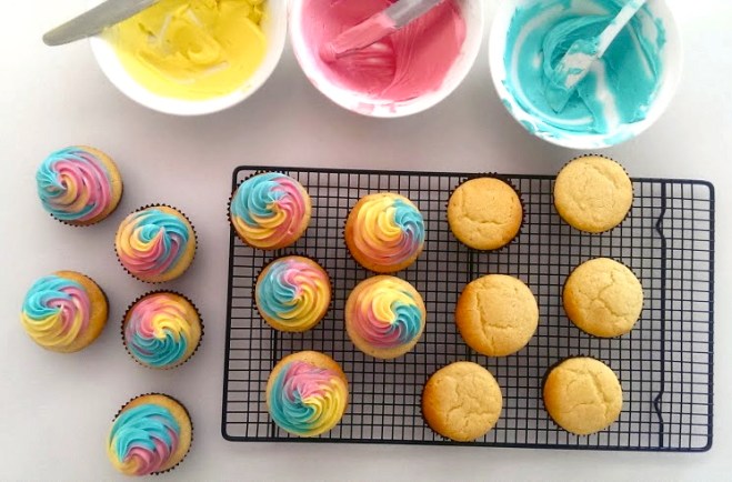 Vanilla Cupcakes with Rainbow Swirl Icing by Incrednibbles