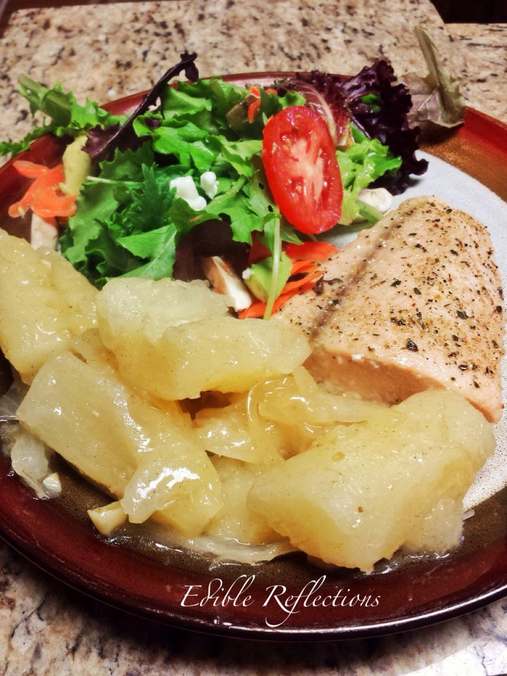 Yuca, salad greens and salmon
