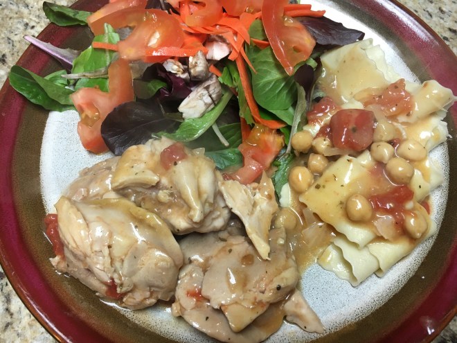 Chicken thighs, green salad and asparagus/garlic pasta
