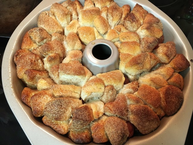 Monkey Bread just out of the oven and ready to be flipped.